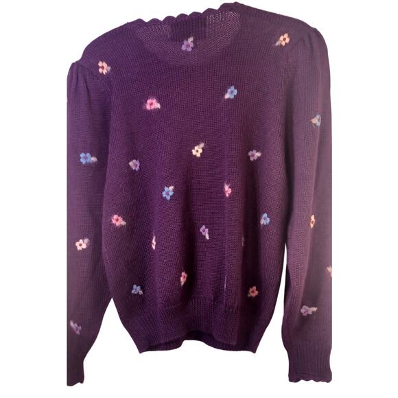 VTG Herman Geist Hand Embroidered Cardigan Sweater Sz Medium Aubergine Cottage - Picture 2 of 7